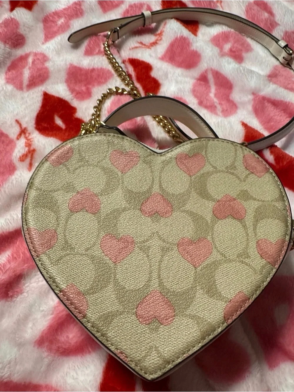 Coach Pink Heart-Print Heart Crossbody Bag with Gold Hardware